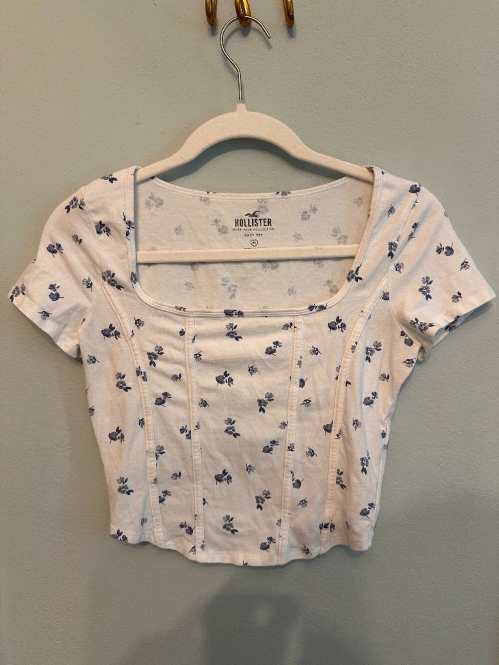 Hollister White Blue Floral Corset Seam Square Neck Baby Tee Medium
